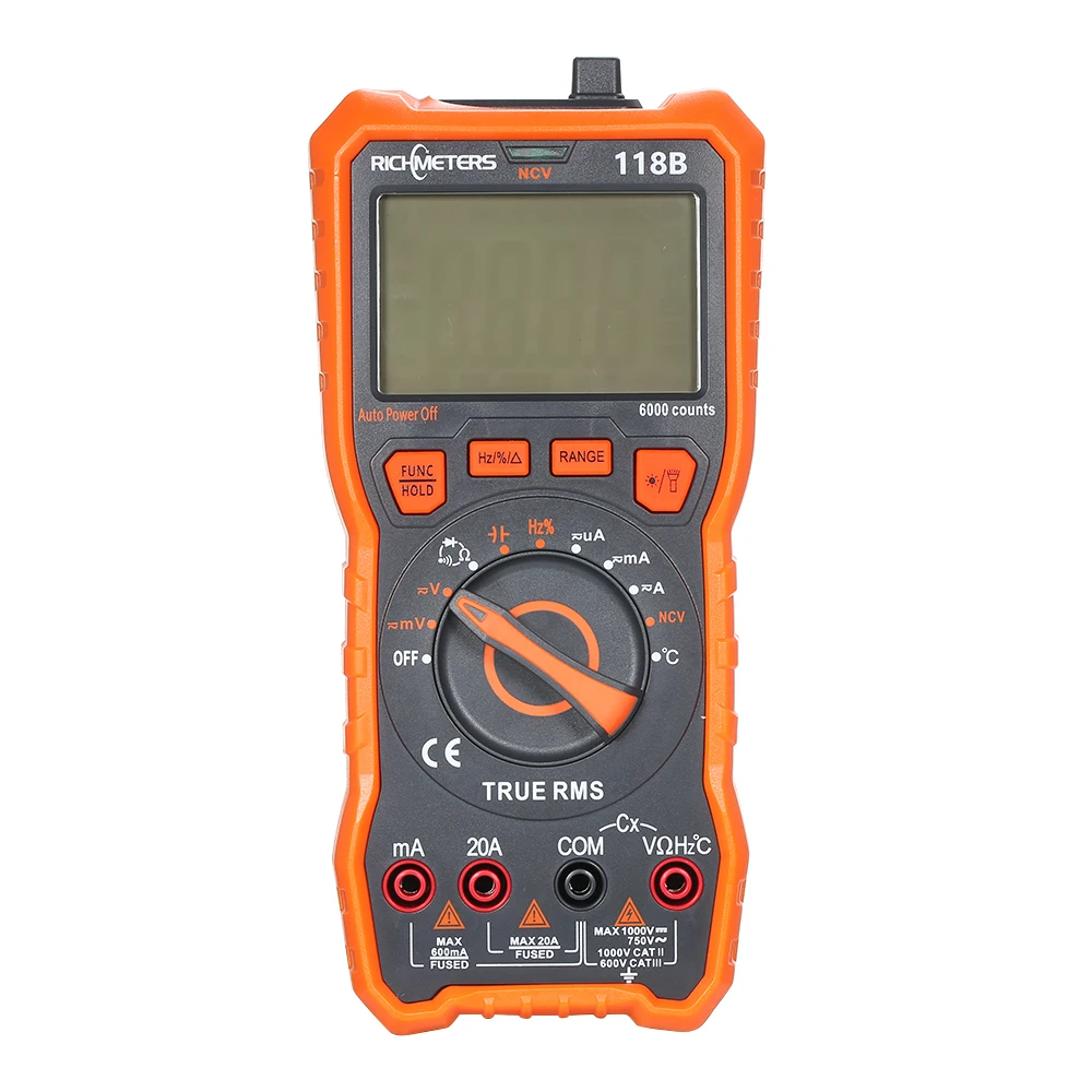 

RICHMETERS 118C 20A Digital Multimeter 6000 Counts NCV HFE True-RMS 100mF capacitance Magnet AC/DC Voltage Current Temperature
