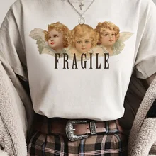 Camiseta Vintage Fiorucci mujeres ángeles pensando en ti camisetas con gráficos divertidos Tumblr Harajuku camiseta Mujer Tops de gran tamaño