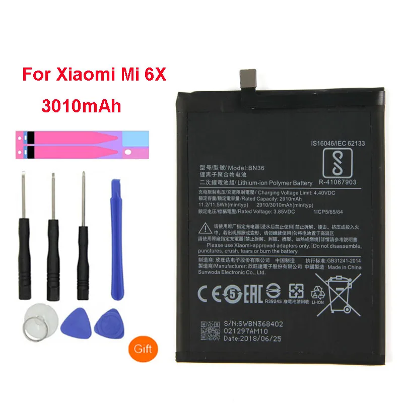 

QrxPower Original BN36 Replacement Battery For Xiaomi Mi 6X Real Capacity 3010mAh Li-ion Phone Battery + Tool