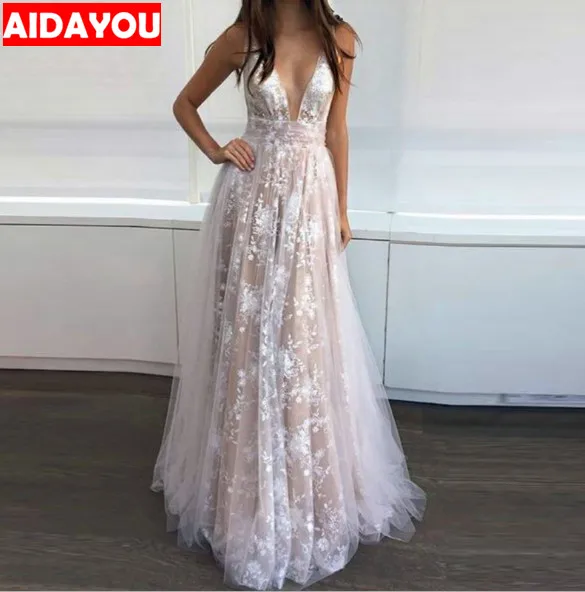 

AIDAYOU Evening long dress off shoulder Party Wedding V-Neck Sleeveless Appliques Beige Sexy Lace dresses ouc3157