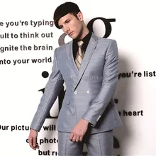 Custom Made double-breasted Groom Tuxedos Silver Grey Best man Notch Lapel Groomsman Men Wedding Suits Bridegroom Jacket Pants