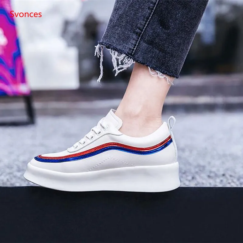 Tacón Blanca Femeninos Zapatos Nuevos Plataforma As Casual Cordones Cuero Mujer Picture Con Grueso A De Genuino Rayas Picture as Deportivos PppFZ7x