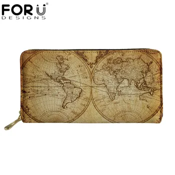 

FORUDESIGNS Retro World Map Pattern Wallet Women Vintage Long Leather Purse Luxury Organizer Wallets for Woman Men Card Holder