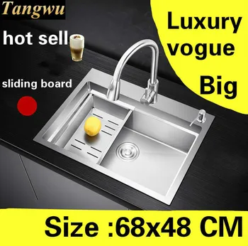 Cheap Free Shipping Household Big Kitchen Manual Sink Single Trough Vogue Sliding Board 304 Stainless Steel Luxury Hot Sell 68x48 CM
