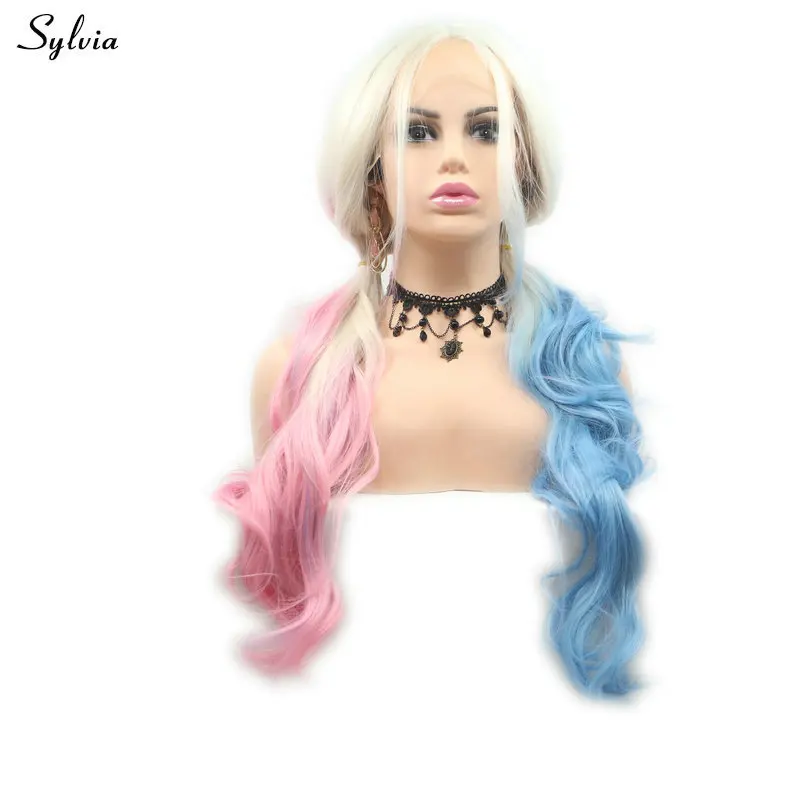 

Sylvia Body Wave Wig Blonde Ombre Half Pink Half Blue Lace Front Wigs Heat Resistant Fiber Synthetic Wigs For Women Girl Cosplay