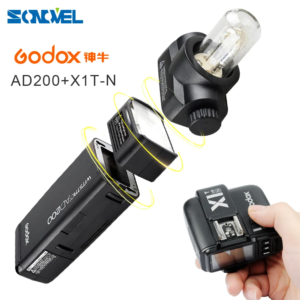 

GODOX AD200 TTL 2.4G HSS 1/8000s Pocket Flash Light Double Head 200Ws & 2900mAh Lithium Battery+X1T-N Transmitter For Nikon