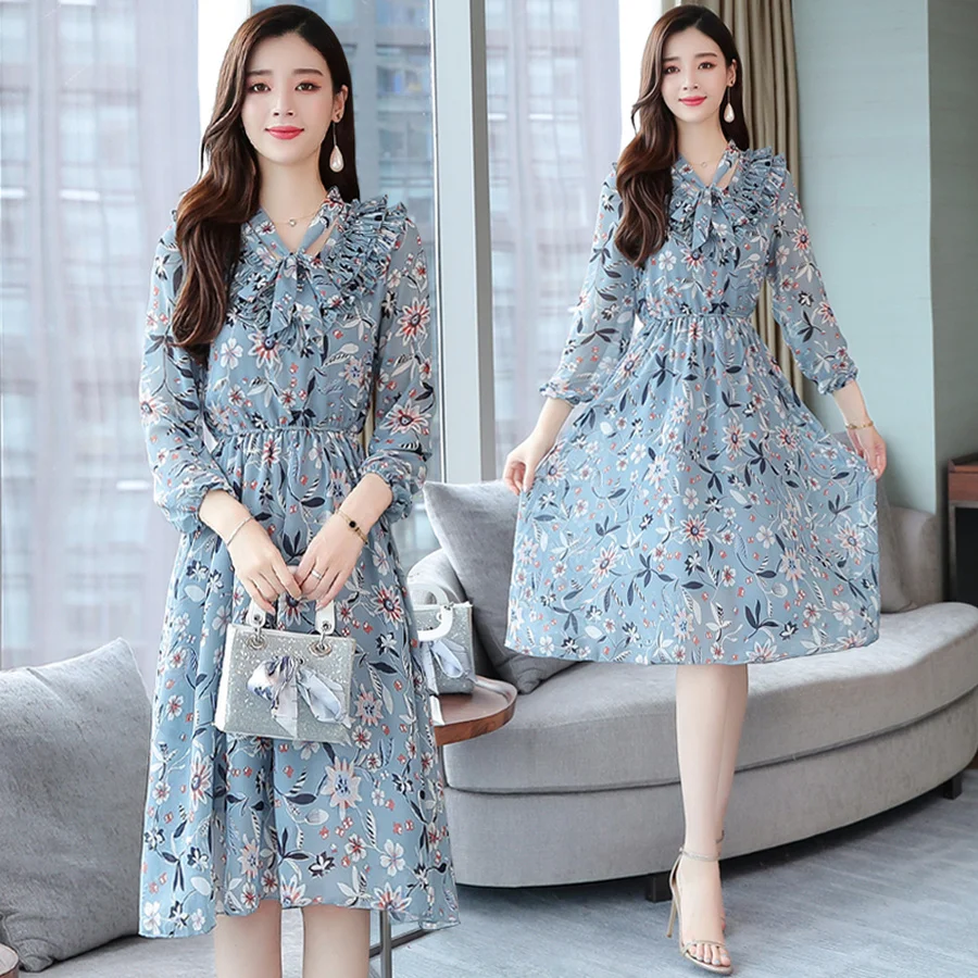 

2019 Vintage Blue Floral Chiffon Midi Dresses Autumn Winter Print Long Sleeve Beach Dress Elegant Women Bodycon Party Vestidos