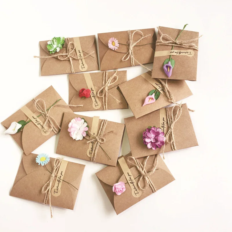  10pcs Handmade Dry Flower DIY Kraft Paper Invitation Greeting Card Inner Paper With Ribbon & Envelo - 32860496477