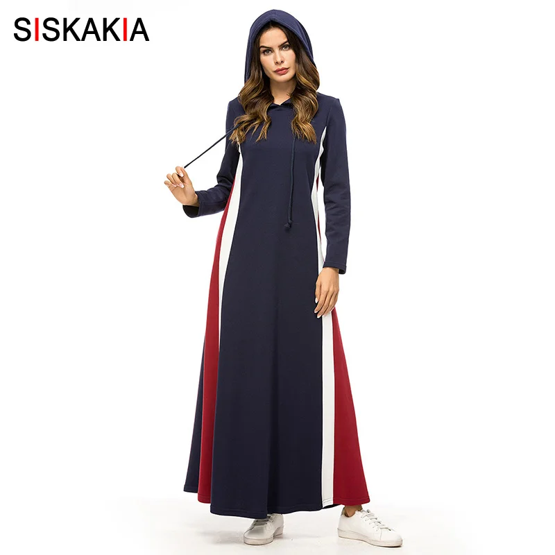 

Siskakia Hooded Long Dress Thicken Autumn 2019 Fashion Stripe Color Block Casual Maxi Dresses Long Sleeve Blue Muslim Wears New