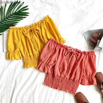 

AreMoMuWha 2019 Summer New Korean Version of The Sweet Wild Word Collar Tie Short-sleeved Waist Thin Slim Shirt Shirt WomenQX485