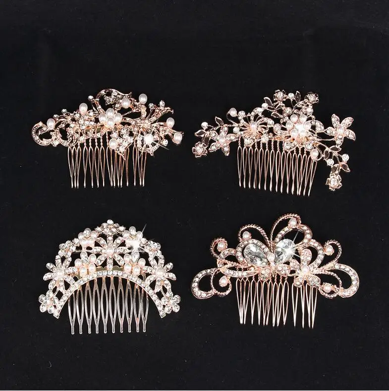 

Rose Gold Bridal Wedding Tiaras Stunning Fine Comb Bridal Jewelry Accessories Crystal Pearl Hair Brush utterfly hairpin