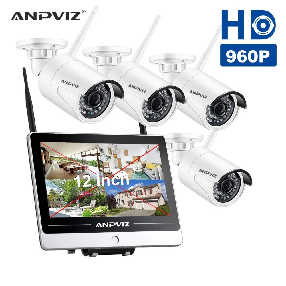 

Anpviz 4CH 1080P 12" LCD Monitor Wireless NVR Kit WiFi CCTV System 960P 1.3MP Outdoor Camera P2P Video Surveillance System Set