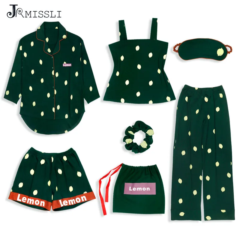 

JRMISSLI Autumn Cotton Pajamas Sets for Women 7 Pieces Pijamas Dot Print Sleepwear Elegant Green Nightwear Sexy Sleep Lounge