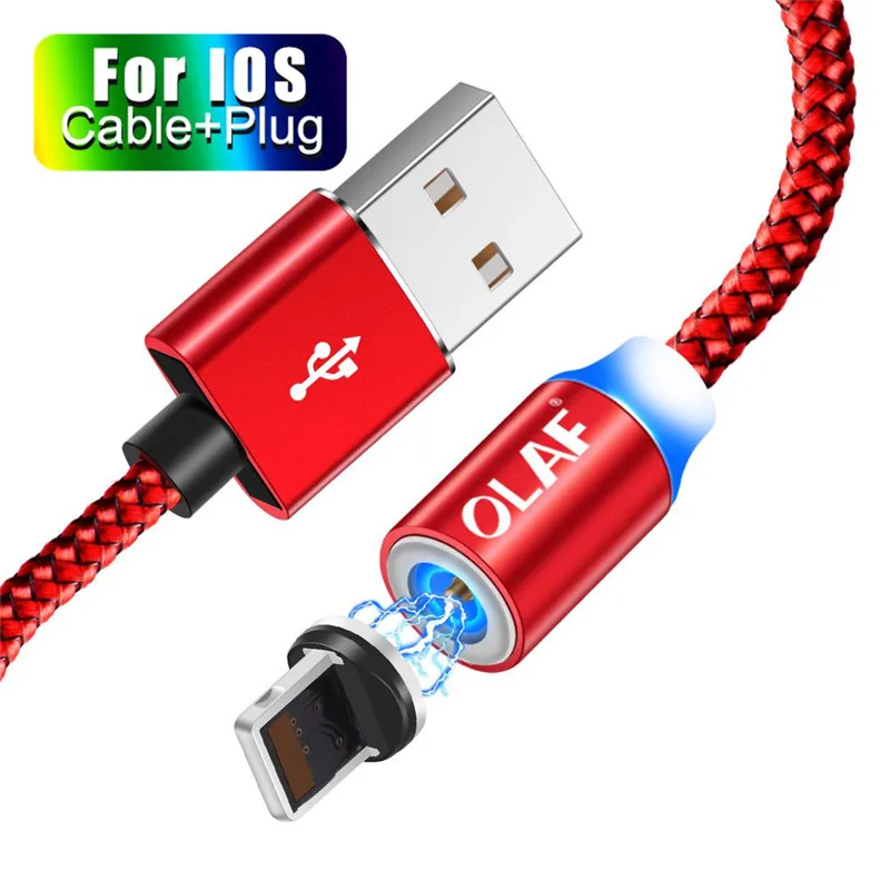 OLAF 2 м светодиодный магнитный USB кабель для iPhone Xs Max 8 7 6 usb type C кабель и оплетка Micro USB кабель для samsung Xiaomi huawei USB C - Цвет: For 8Pin Cable Red