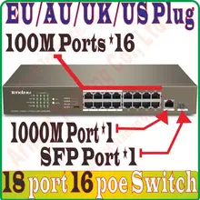 Макс. PoE 135 W 18 коммутатор PoE портов с 16 PoE портами питания для ip-камеры, беспроводной ap, 16-портовый PoE коммутатор с 1 гигабитным RJ-45 Пром