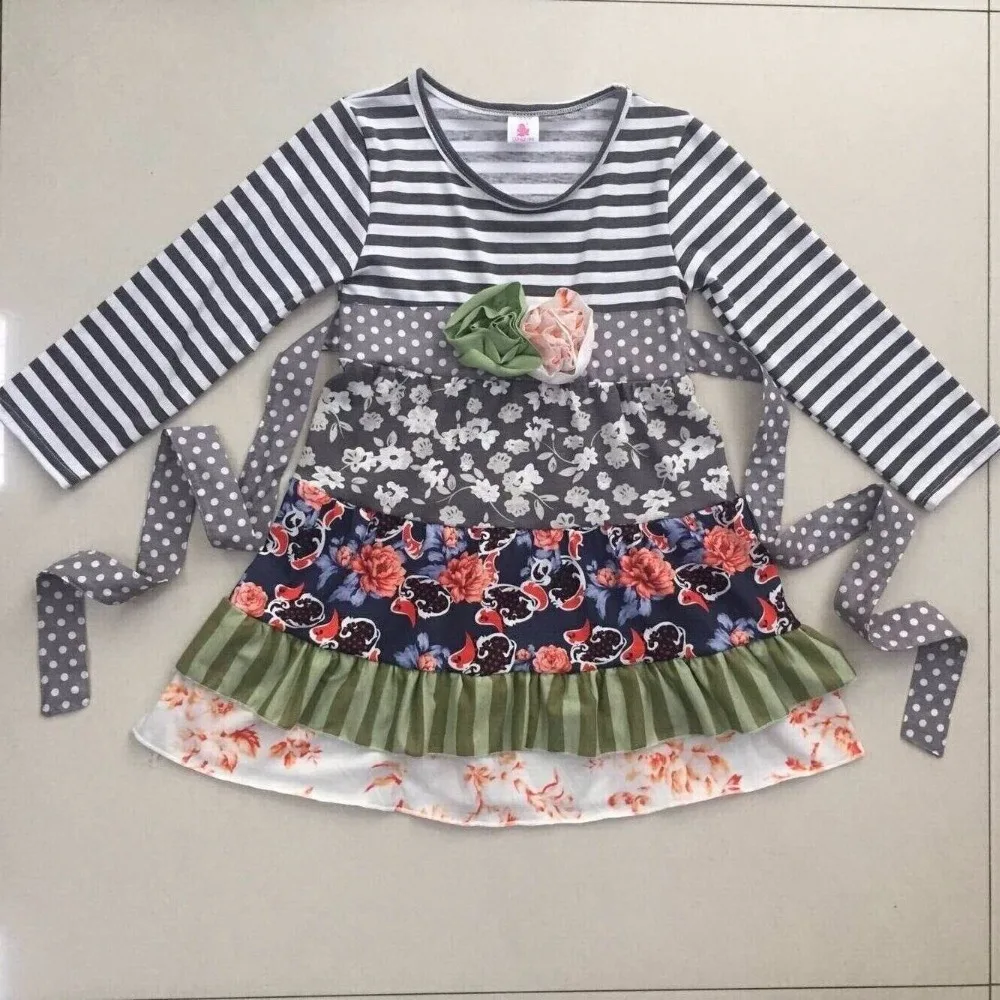 ホット販売赤ちゃんの女の子素敵なフリルドレス花柄ストライプスリーブ子供服ブティックリメイク秋子供ドレスcx012