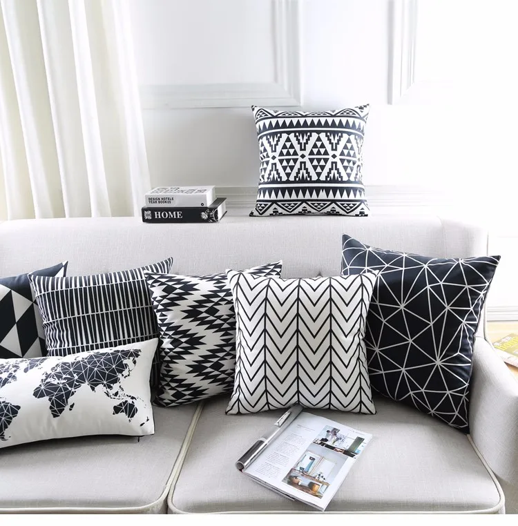 Черно-белые чехлы для подушек, домашние декоративные подушки, чехол с геометрическим узором, наволочки для подушек, карта, бархатный чехол для подушки для дивана