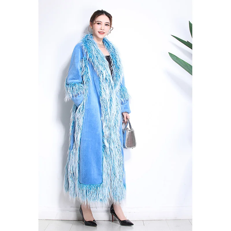 Бренд Nerazzurri, роскошное подиумное Женское пальто из искусственного меха, зима, высокое качество, модная меховая Лоскутная Верхняя одежда, большой размер 5xl - Цвет: Sky blue