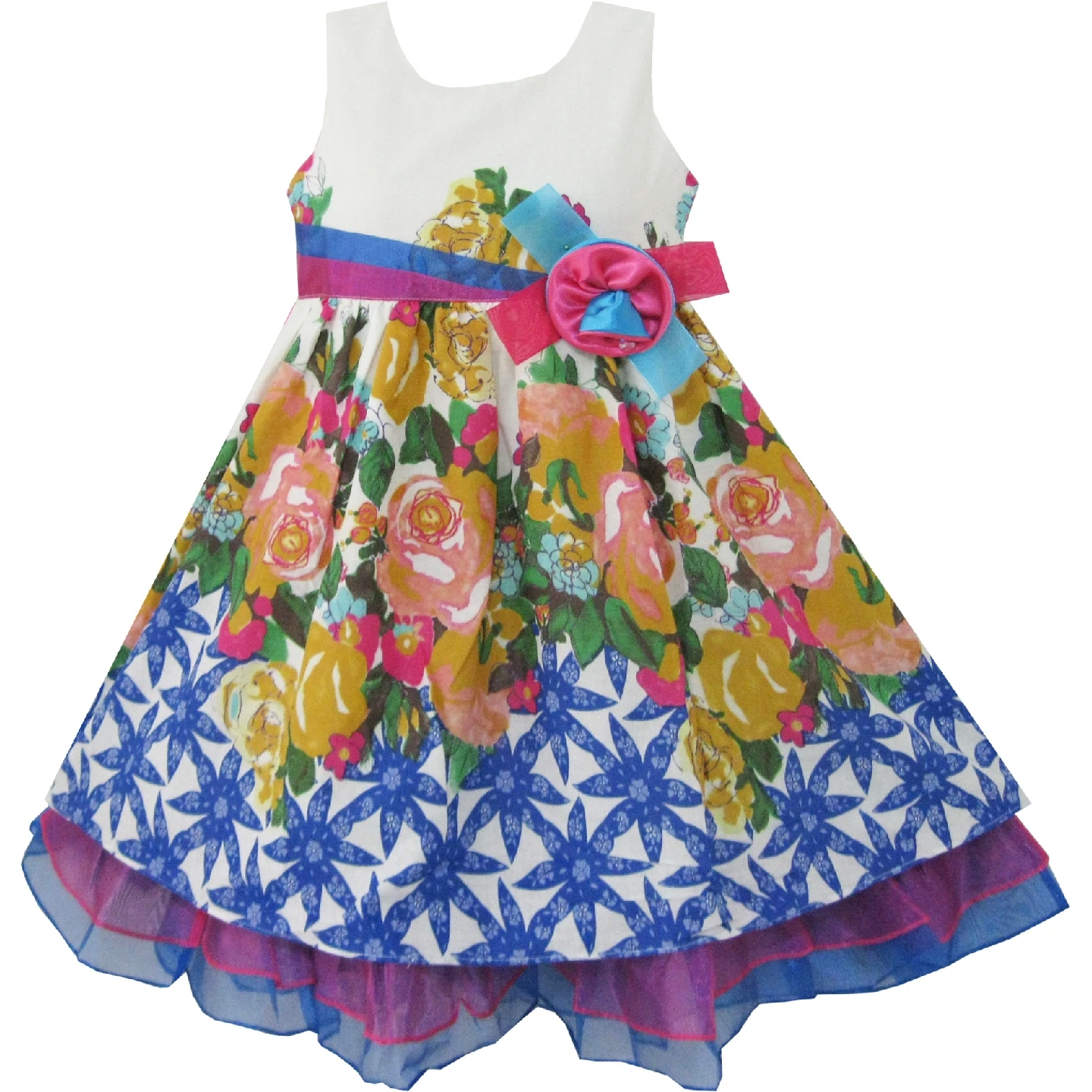 

Girls Dress Blue Flower Detailed Trim Kids Clothing 2019 Summer Princess Wedding Party Dresses Kids Clothes Pageant Sundress