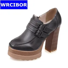 Big Size 33-43 NEW 2017 Women Shoes PU leather Round toe High-heeled shoes Platform Buckle Decoration Thick heels Pumps women