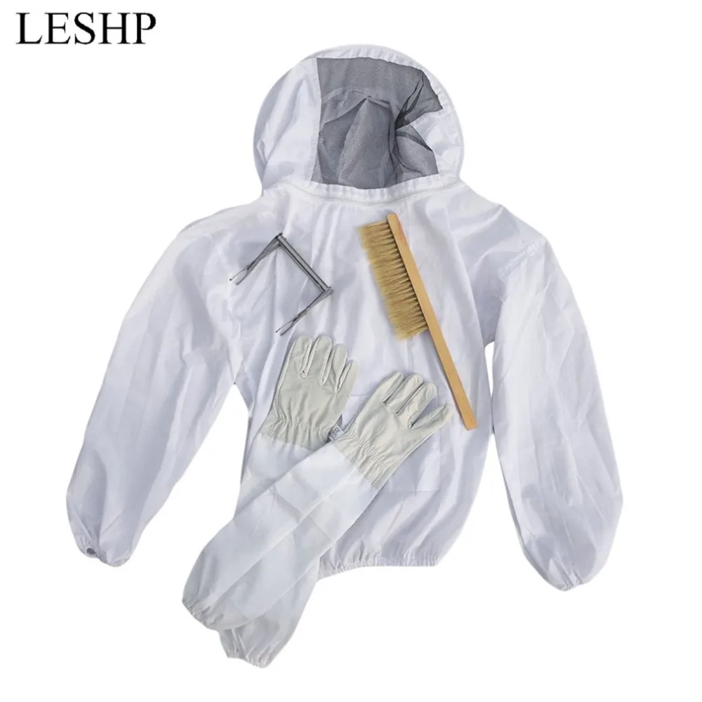 

4PCS/SET Beekeeping Suit Tool Set Breathable White Beekeeping Jacket + Bee Brush + Lifter + Gloves Set Equipment