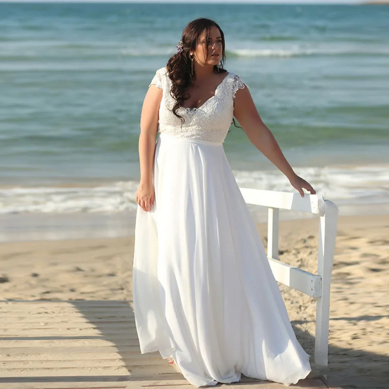 Новинка 2019 года плюс размеры Свадебное платье Пляж V средства ухода за кожей Шеи Аппликации кружево Boho невесты платье шифон на заказ Vestido De