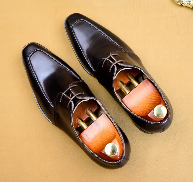 

Brown Black 2019 Oxfords Men's Leather Derby Shoes Solid Lace-Up Formal Wedding Office Dress Shoe Male Brand Handmade Suit Shoes