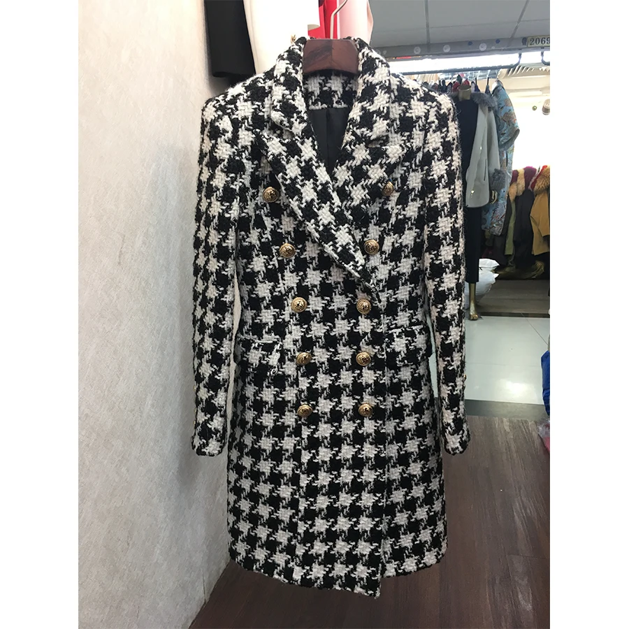 HIGH QUALITY New Stylish 2018 Designer Wool Coat Women's Double Breasted Lion Buttons Houndstooth Tweed Long Coat HIGH QUALITY New Stylish 2018 Designer Wool Coat Women's Double Breasted Lion Buttons Houndstooth Tweed Long Coat