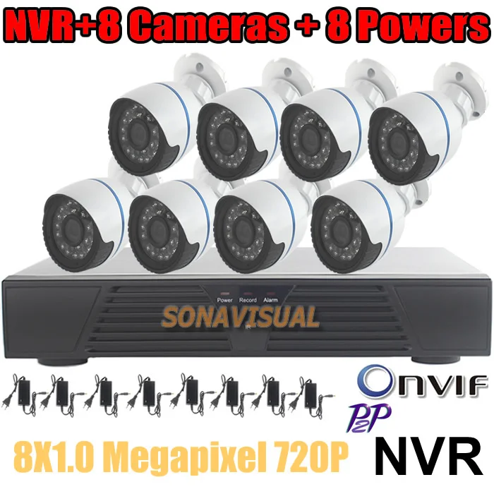 8ch NVR Kit 8Pcs 720P 1.0MP Outdoor Waterproof Bullet IP Camera HDMI CCTV Security System Support Onvif/P2P 8Channel NVR Kits