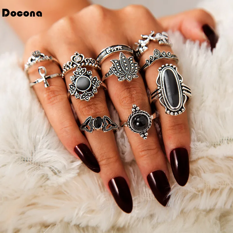 

Docona Vintage Silver Finger Rings 11pcs/sets Hollow Black Crystal Stone Crown Cactus Geometric Jewelry For Women Ladies