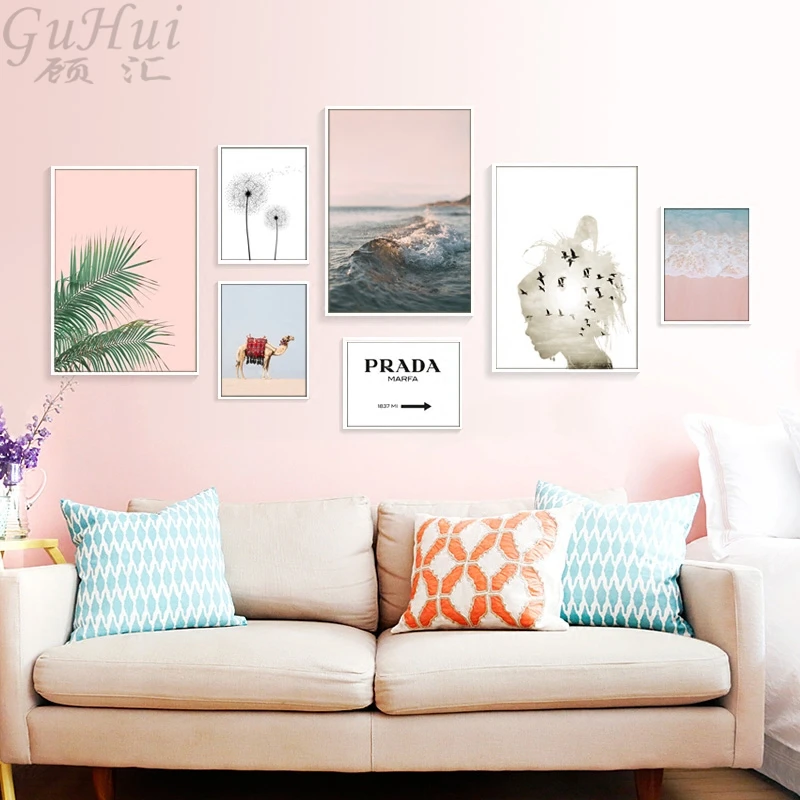 

Nordic Pink Leaf Poster And Print Desert Beach Camel Canvas Painting Abstract Girl Wall Picture Photo For Living Room Unframed