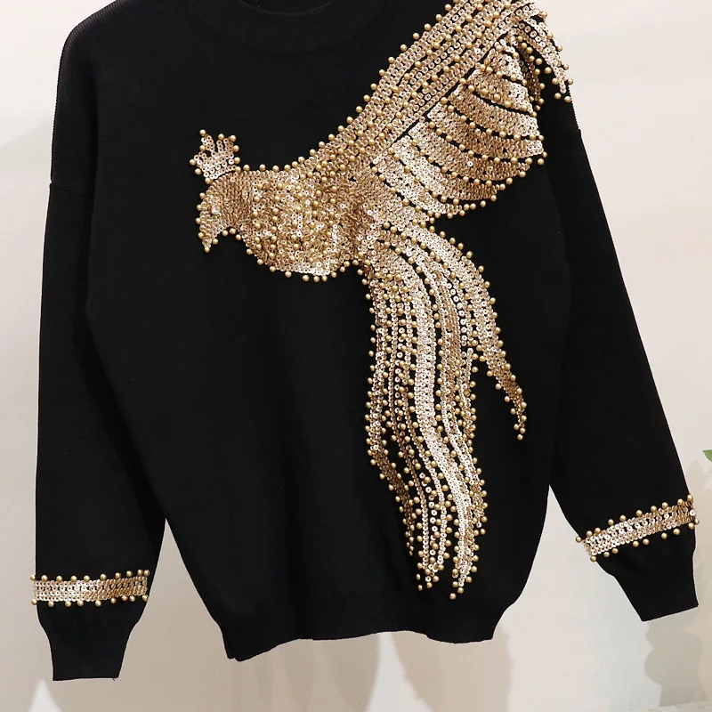 Трикотажные пуловеры с длинными рукавами, брюки, комплект одежды из 2 предметов, женские зимние комплекты ручной работы с бисером и блестками
