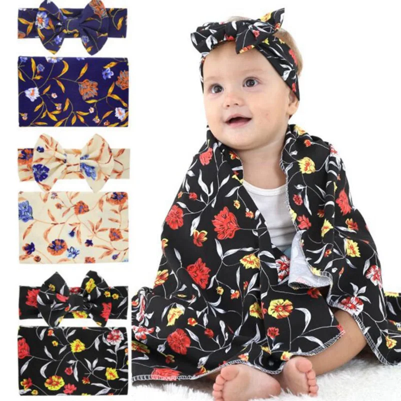 2 Pieces Set Newborn Baby Blanket Blanket+headband Infant Cotton Receiving Blanket & Swaddling
