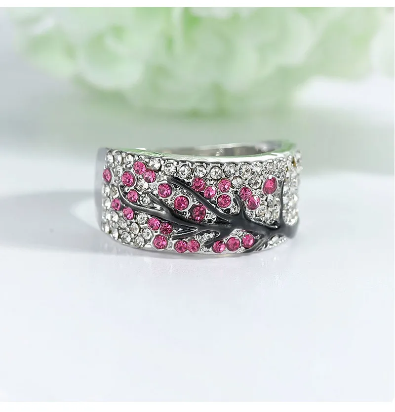 USTAR розовые красные фианиты кристаллы креативные кольца с символом Древа Жизни для женщин цветок сливы ветка посеребренные женские обручальные кольца Новинка ювелирные изделия
