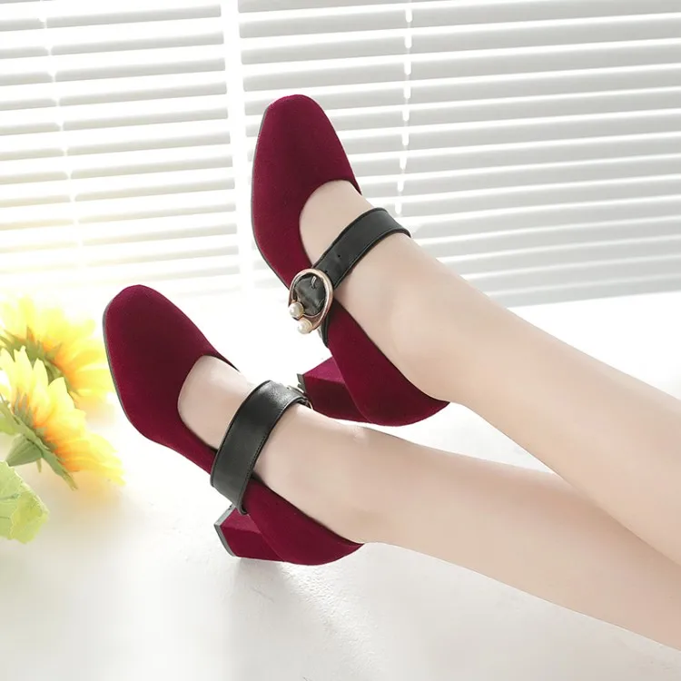 

Big Size 11 12 13 14 15 ladies high heels women shoes woman pumps Suede shallow square head with one-word buckle thick heel