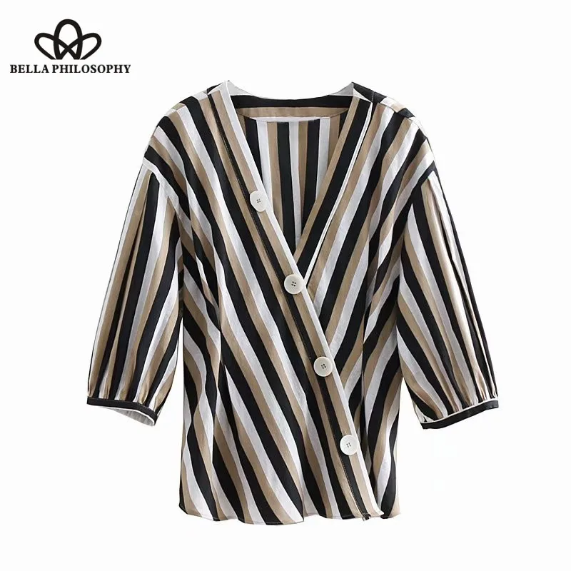 Wonder 2018 new summer vintage v neck buttons decoration striped kimono blouse ladies lantern sleeve shirt chic femininas blusas