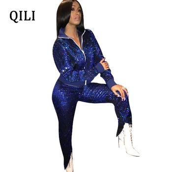 

QILI Women Long Sleeve 2 Piece Blue Sequin Jumpsuits Chain Collar Zipper Split Pants Elegant Jumpsuit XXL Casual Jumpsuits