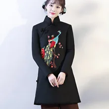Китайский стиль вышивка павлин Женская хлопковая куртка зимняя утепленная утолщенная воротник Мандарин уличная винтажная Восточная верхняя одежда