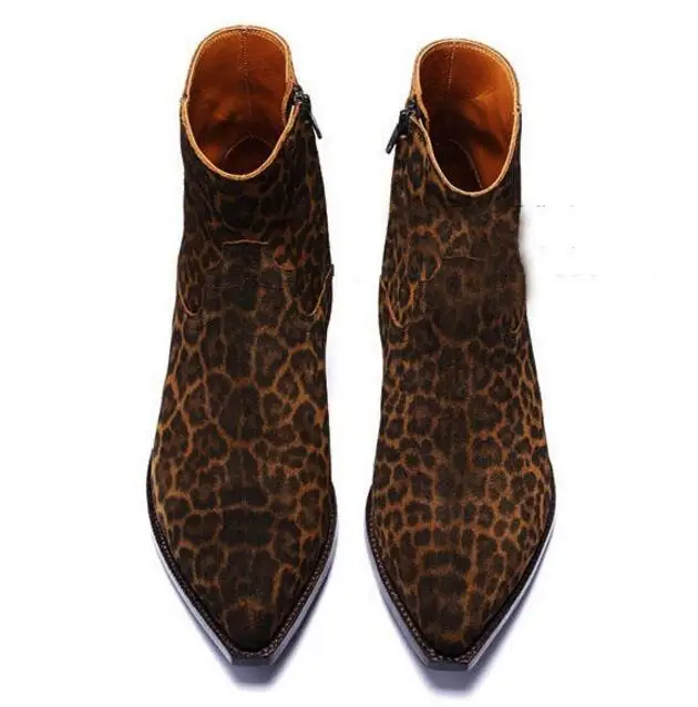 FR.LANCELOT Brand Design Leopard Real Leather Suede Men Shoes Side Zipper Flats Shoes Mens Pointed Toe