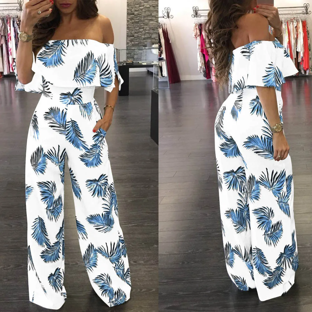 

Women Casual Off Shoulder Floral soft and comfortable Leaf Printed Sparkly Capelet Loose Playsuit L50/0203
