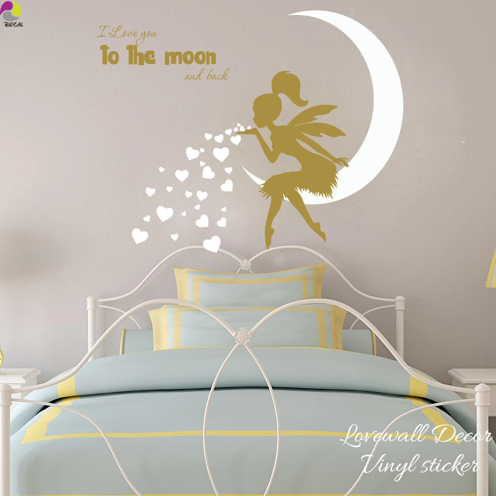 Fairy Blowing Hearts Kisses Wall Sticker Baby Nursery Kids Room I Love you to moon and back Quote Wall Decal  Girl Room Vinyl (3)