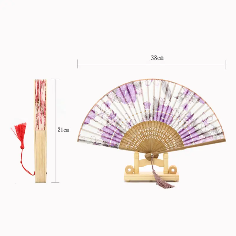 Бамбуковая классическая короткая ручка полировка цветочные печатные украшения дома Складной вентилятор с кисточкой