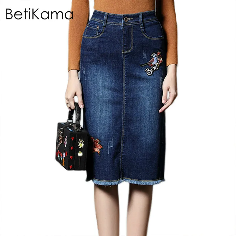 

BetiKama Womens Spring Denim Straight Skirt Ladies Casual Vintage Embroidery Skirt Jean Female Plus Size Pencil Skirts For Women
