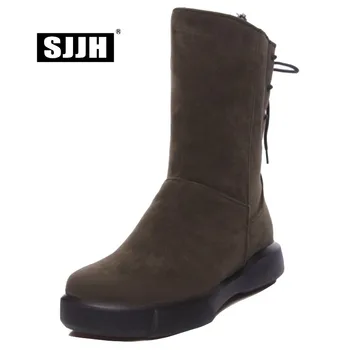 

SJJH Women Flat Mid-Calf Boots with Round Toe Cross-tied Flock Plush Snow Boots Autumn Fashion Casual Shoes Large Size A1078
