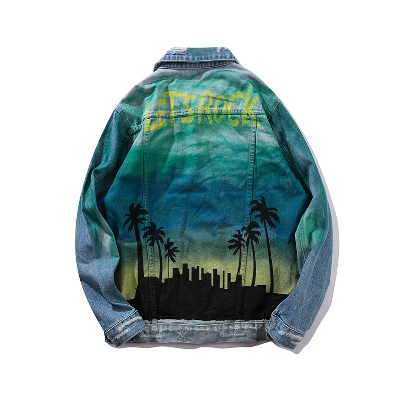 Men's Denim Jacket Streetwear Hip-hop Washed Destroyed Man Jacket Coconut Tree Print Loose Jacket Men's Spring Autumn