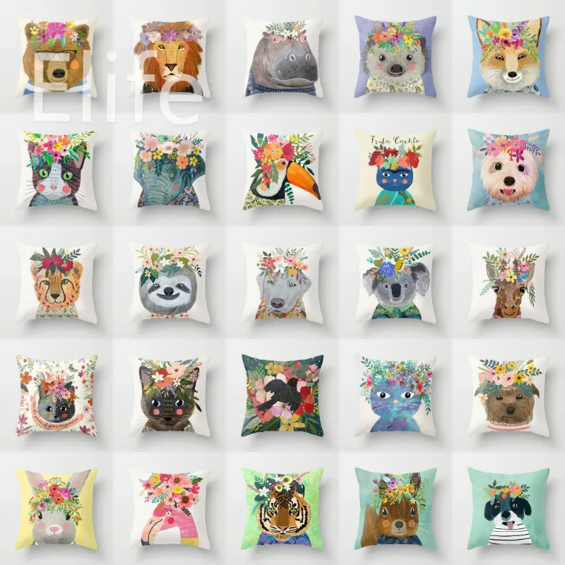 

Elife Polyester Cat flower Cushion Cover Square Cartoon Animal Pillows Case Cover For Sofa Car Cafe waist Home Decor 45*45CM