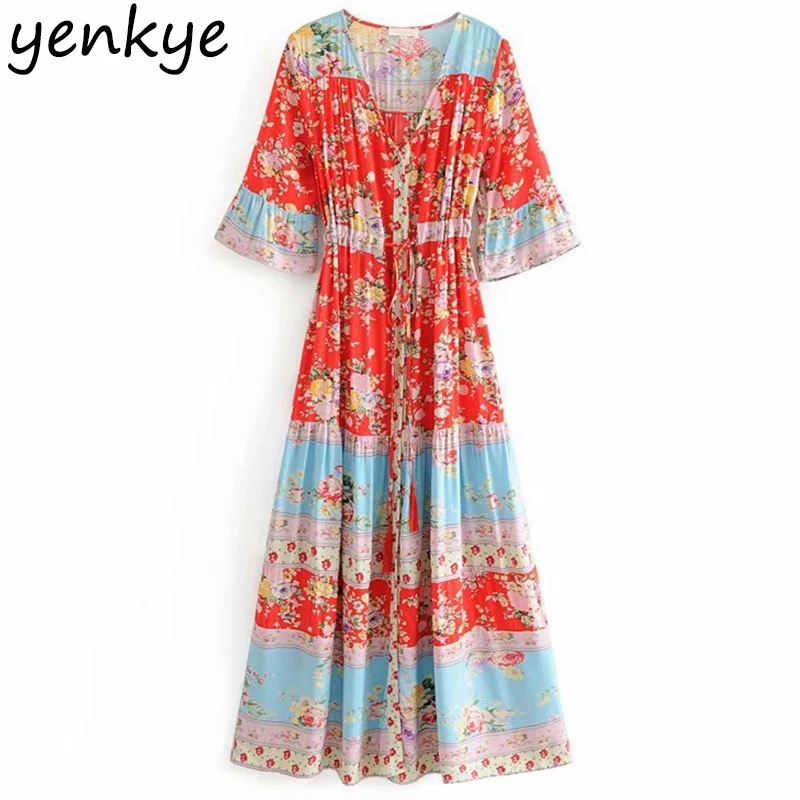 

Women Sweet Floral Print Holiday Summer Boho Dress Elegant Lady Half Sleeve V Neck Drawstring Waist A-line Casual Long Dress
