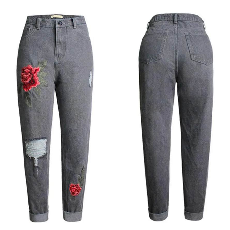 Размера плюс рваные джинсы с вышитыми цветами джинсы женские брюки джинсы женские плюс размер Sep28