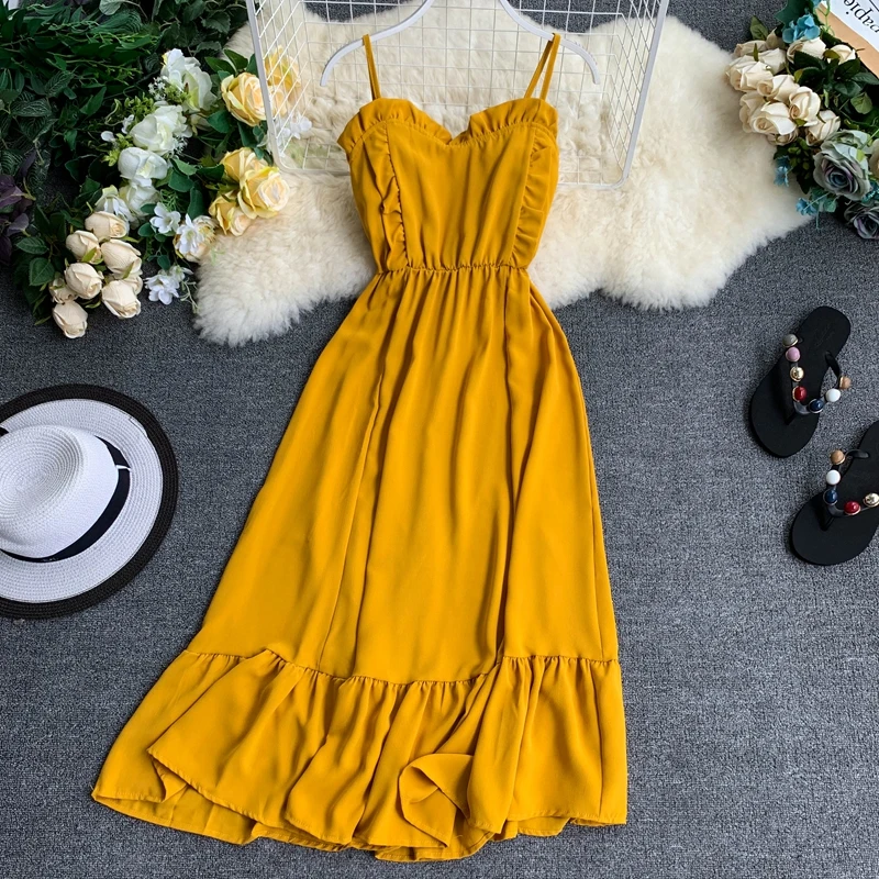 

2019 New Summer Women Ruffle Dress Fashion Casual Loose Spaghetti Strap Dress Ladies Boho Style Beach Yellow Robe Vestidos