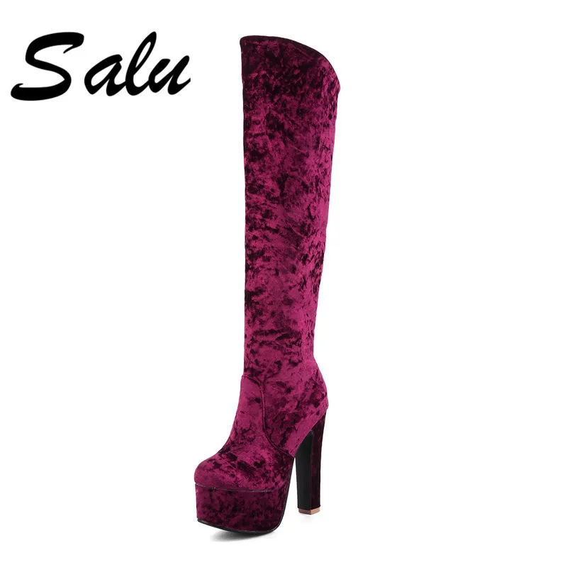 

Salu 2019 Fashion Women The Knee Boots Pointed Toe Boots Square High Heel Ladies Synthetic Snow Shoes Size 34-46